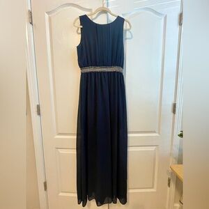 Floor Length Navy Blue Dress with Beaded Waist